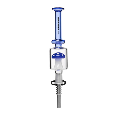 The Human Grade Shroom Nectar Collector is a clear Borosilicate Glass device with a blue-tinted syringe-style top, a glass chamber showcasing a blue and white Mushroom Perc inside, and a gray hose attached at the bottom.
