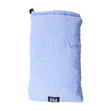 The MJ Arsenal Padded Drawstring Pouch is a light blue, rectangular corduroy pouch with a black top closure and a small black patch bearing a white crown logo—perfect for safely storing glass accessories.