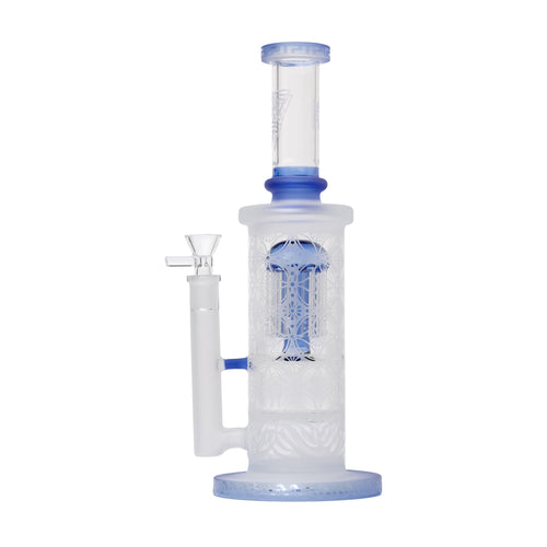 The Sacred Straight Sandblasted Glass Water Pipe features clear and frosted borosilicate glass, blue accents, a tall cylindrical chamber, ice catcher, side handle, and a removable 14mm flower bowl piece.