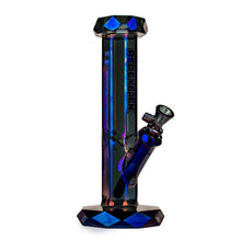 The Red Eye Tek 12" Draco Straight Base is a dark, iridescent 14mm borosilicate glass bong with a hexagonal base and mouthpiece, RED EYE TEK logo on the tube, metallic terminator finish, and angled bowl attachment.