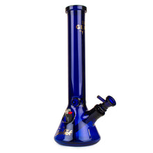 The Gear Premium 15" Sidekick (Beaker) Water Pipe features blue borosilicate glass, a straight cylinder neck, wide beaker base, angled 14mm bowl piece, and gold "GEAR" and "Black" print on the neck and base.