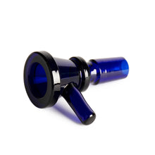 The Gear Premium 14mm XL Blaster Cone Glass Bowl Slide is shown on a white background, featuring blue borosilicate glass, a cylindrical shape, and a side handle. It's designed for 14mm water pipes or bongs.