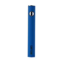 A blue Cartisan Button VV 900 Dual Charge (USB-C) 2G cylindrical 510 threaded vape pen with a silver button and “CARTISAN” printed vertically near the base, shown upright against a plain white background.
