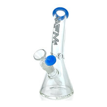 The AFM Glass 8.5" Bent Beaker Glass Water Pipe is made from durable borosilicate glass with blue accents, a 14mm downstem, and AFM printed vertically on the neck, displayed on a plain white background.