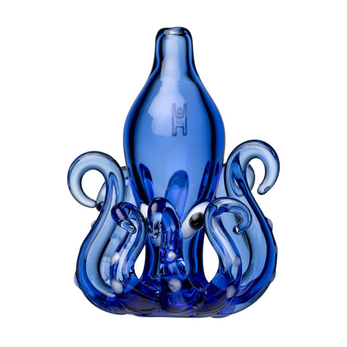 The Octopus Carb Cap is a blue borosilicate glass sculpture shaped like an octopus, featuring swirling tentacles at the base and a bottle-like body—smooth, reflective, and perfect for dab accessories.