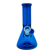 The MAV 7" Two-Tone Mini Beaker is a blue borosilicate glass water pipe featuring a beaker shape, cylindrical neck with vertical MAV logo, and a 14mm male glass bowl on the front.