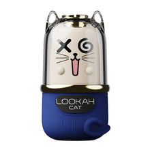 The Lookah Cat Vaporizer 510 Thread Battery is a capsule-shaped device with a cat face design, X and spiral eyes, whiskers, and pink nose. It has a blue base with "LOOKAH CAT," transparent top with cat ear accents, and variable power for 510 tanks.