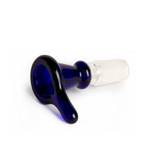 The Gear Premium 14mm Thumper Cone Bowl Slide, a dark blue borosilicate glass bong bowl with a handle and frosted white base, is shown removable against a white background.