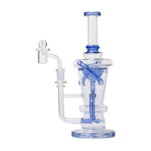 The 10.25" Straight Recycler Glass Water Pipe is made from clear borosilicate glass with blue accents, featuring a wide base, straight neck, and intricate internal percolator—ideal as a recycler dab rig for smoking or vaporizing.