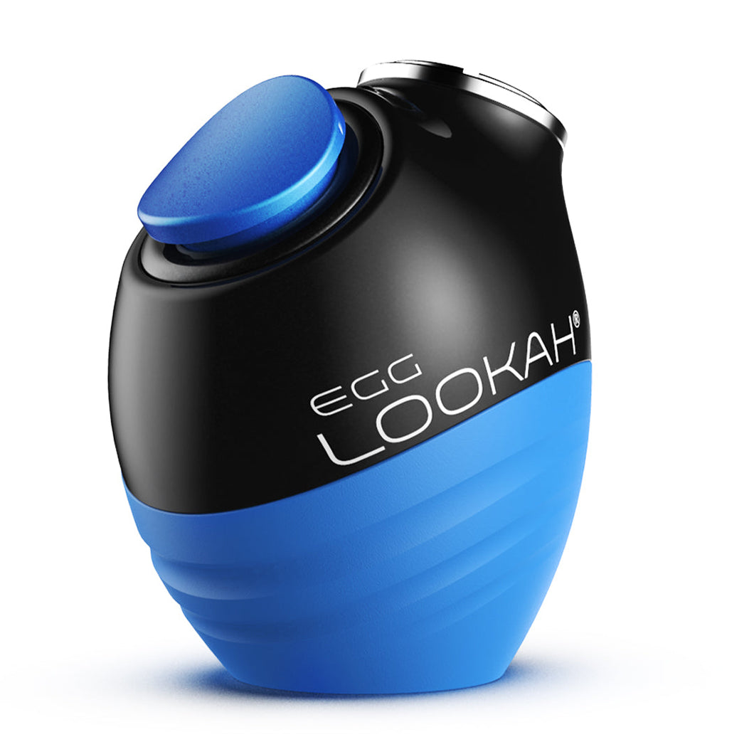 A black and blue, egg-shaped Lookah Egg Vaporizer 510 Thread Battery with a metallic top and blue side button, compatible with 510 tanks and featuring variable voltage, is shown against a white background.
