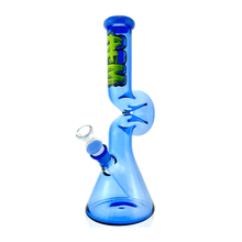 The AFM Glass 12" Beaker Wave Full Color Water Pipe is made from translucent blue borosilicate glass with a beaker base, curved neck, green/black AFM logo, clear glass bowl, and a 14mm downstem.