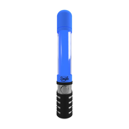 The Penjamin Danksaber 510 Thread Cartridge Vaporizer is a blue and black cylindrical device with a transparent midsection, button near the base labeled “Smile,” standing upright on a white background, resembling a cartridge lightsaber.