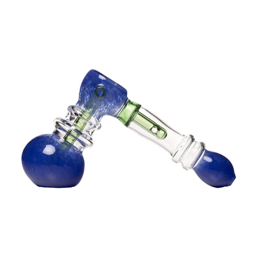The Frit Hammer Bubbler, a compact glass smoking pipe with a blue bowl and mouthpiece connected by a clear and green stem, is displayed on a white background. Its hammer-shaped design resembles a small glass bubbler.
