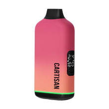 A pink and orange gradient Veil Bar NEO electronic vape device with a small black display, side button, and a green LED light ring near the base.