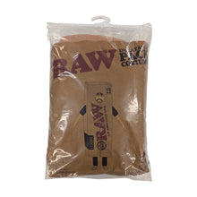 The RAW Packy Inflatable Costume is a brown inflatable polyester suit designed to look like a RAW rolling paper pack, with arms and legs, all displayed in clear plastic packaging.