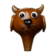 The Human Grade Owl Carb Cap is a borosilicate glass piece shaped like an owl’s head, featuring large white and black eyes, a small black beak, raised ears, and dotted cheek details—shown isolated on a white background.