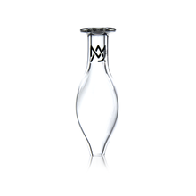 The MJ Arsenal Bubble Cap, featuring a clear, uniquely-shaped glass design with a narrow neck and flared rim plus a black stylized MW logo near the top, is photographed on a white background—reminiscent of quartz attachments.