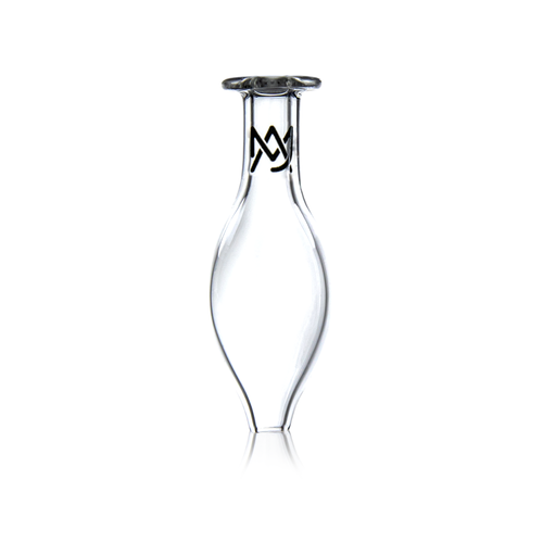 The MJ Arsenal Bubble Cap, featuring a clear, uniquely-shaped glass design with a narrow neck and flared rim plus a black stylized MW logo near the top, is photographed on a white background—reminiscent of quartz attachments.