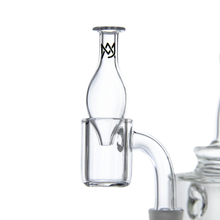 Close-up of the MJ Arsenal Bubble Cap, a clear glass dab rig accessory featuring a unique curvy design and black logo—perfect for pairing with quartz attachments for flavorful puffs—set against a plain white background.