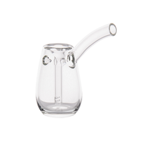 The MJ Arsenal Bulb Bubbler is a clear, durable borosilicate glass pipe with a round base, short curved neck, and built-in glass stem, shown against a white background.