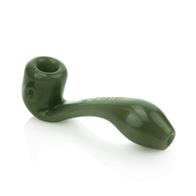 A Grav Mini Sherlock hand pipe in dark green with a glossy finish, deep bowl, curved stem, and GRAV branding on the side rests on a white background.