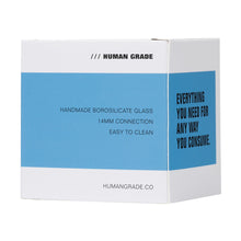 A white box with blue panels labeled Human Grade Horned Glass Bowl 14mm Pack of (3). Text reads: Handmade borosilicate glass, 14mm flower bowl connection, easy to clean, everything you need for any way you consume.