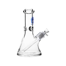 The Calibear 8" Blitz Beaker Bong features a clear glass design with a downstem and bowl on the side, plus a blue logo near the mouthpiece. Photographed empty on a white background.