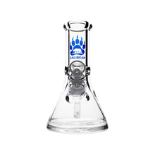 The Calibear 8" Blitz Beaker Bong is a clear glass bong with a blue bear paw logo and CALIBEAR on the neck, featuring a removable downstem and bowl attachment.