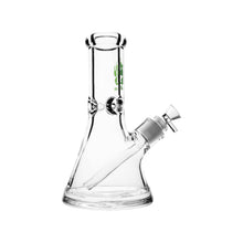 The Calibear 8" Blitz Beaker Bong is a clear glass water pipe featuring a wide base, straight neck, and angled downstem, offering a compact and efficient smoking experience.