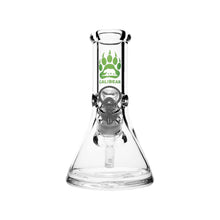The Calibear 8" Blitz Beaker Bong features clear glass, a wide base, straight neck, green bear paw logo, and CALIBEAR branding—ideal for smooth, stylish sessions in a compact design.