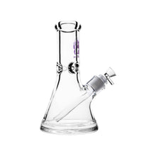 The Calibear 8" Blitz Beaker Bong is a clear glass bong with a removable downstem and bowl, featuring a purple logo near the neck—sleek, compact, and perfect for smooth sessions. Displayed on a white background.