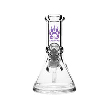 The Calibear 8" Blitz Beaker Bong features clear glass, a purple bear paw print, CALIBEAR logo on the neck, and includes a removable bowl and downstem—a stylish and compact bong choice.