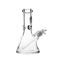 The Calibear 8" Blitz Beaker Bong is a compact, clear glass bong with a straight neck, flared base, and angled downstem. It features a minimalist transparent design and includes a bowl piece attached to the downstem.