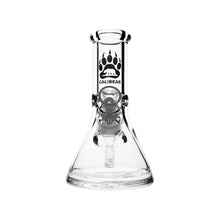 The Calibear 8" Blitz Beaker Bong is a clear glass bong with a wide base, straight neck, and black bear paw logo. Compact in size, it features a visible downstem and central bowl piece for smooth, enjoyable hits.