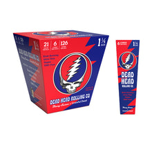 A box and pack of Blazy Susan x Grateful Dead Cones, featuring a red, blue, and white design with a lightning skull logo. Vegan, GMO-free, slow-burning—ideal for any Grateful Dead pre-rolled cone fan.