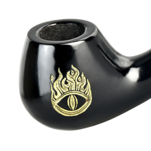 The Lord Of The Rings Pipes: a black churchwarden with a gold flame and eye design on the bowl, inspired by the iconic series—an ideal collector’s edition gift box.
