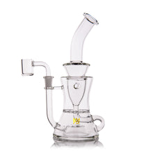 The MJ Arsenal Bloopcycler Dab Rig features clear glass, a bent neck, side handle, wide base, and a small yellow crown logo. Its design, with a side arm for accessories, elevates your dabbing experience.