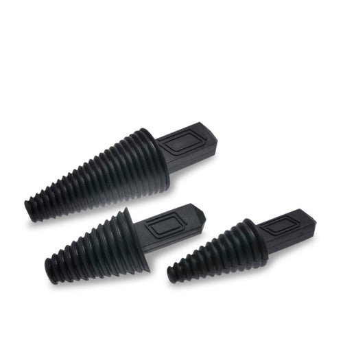 The Depot Cleaning Plugs Set features three black, ribbed, cone-shaped silicone plugs with rectangular bases in varying sizes, perfect for glass cleaning or sealing, displayed on a white background.