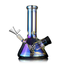 The MJ Arsenal Cache Bong, made from colorful iridescent borosilicate glass, features a beaker base, angled mouthpiece, and clear bowl attachment, displayed on a white background.