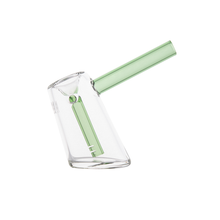 The MJ Arsenal Fulcrum Bubbler is a clear borosilicate glass piece featuring a green handle and vertical accent inside, shown on a white background.