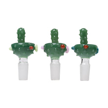 The Human Grade Novelty Bowl, available individually or in a pack of 3, features fun green cactus shapes with colorful bumps and clear bases—ideal as unique 14mm water pipe or glass bong bowl accessories.