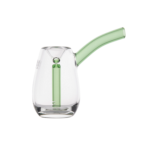 The MJ Arsenal Bulb Bubbler features clear borosilicate glass, a green curved stem, and an internal green percolator tube. This mini bubbler stands upright and is shown on a white background.