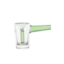 The MJ Arsenal Basin Bubbler is a transparent mini pipe with a cylindrical bowl, green handle, small percolator for smooth filtration, and is made from durable borosilicate glass, shown isolated on a white background.
