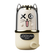 The Lookah Cat Vaporizer 510 Thread Battery is a beige and black, cartoon cat-shaped vape with a playful face, spiral and X eyes, cat ears on the clear cap, a curled tail, variable power battery, and "LOOKAH CAT" label. Compatible with 510 tanks.