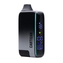 The Cartisan Veil Bar Pro EVO 510 Thread Battery Vape is a sleek black and gray portable device with a digital screen showing voltage, battery life, puff count, and more. It supports 510 tanks, has variable voltage, and "CARTISAN" printed vertically on the side.