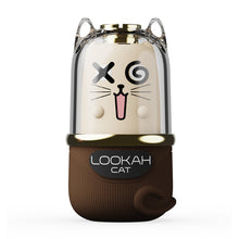 The Lookah Cat Vaporizer 510 Thread Battery is a capsule-shaped vape with a cartoon cat face, playful eyes, whiskers in a clear case, variable power battery, brown base reading "LOOKAH CAT," and a small curled tail detail.