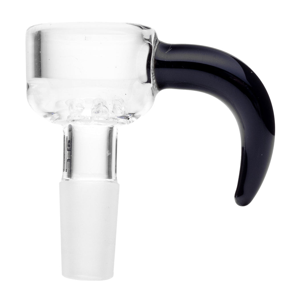 The Human Grade Horn Glass Bowl Slide is a clear borosilicate bowl with a black curved handle and frosted glass joint, designed to fit 10mm or 14mm water pipe bowls or bongs.