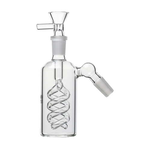 The 14mm The Spiral Perc Ash Catcher 45° or 90° is a clear, durable glass water pipe attachment with a spiral perc inside and three joints: top bowl, side bent joint, and bottom straight joint.