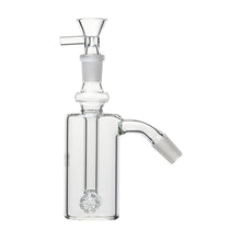 The 14mm DK Barrel Ash Catcher features a clear glass cylindrical body, angled mouthpiece, vertical stem, and a small diffusing chamber, all inspired by the classic Donkey Kong barrel design. Available in 45° or 90°.