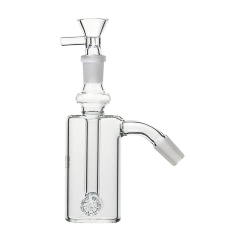 The 14mm DK Barrel Ash Catcher features a clear glass cylindrical body, angled mouthpiece, vertical stem, and a small diffusing chamber, all inspired by the classic Donkey Kong barrel design. Available in 45° or 90°.